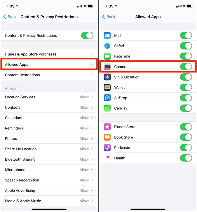 Включить камеру в разрешенных приложениях на iPhone