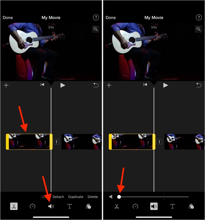 Выберите значок динамика разделенного клипа и установите его на ноль в iMovie на iPhone.