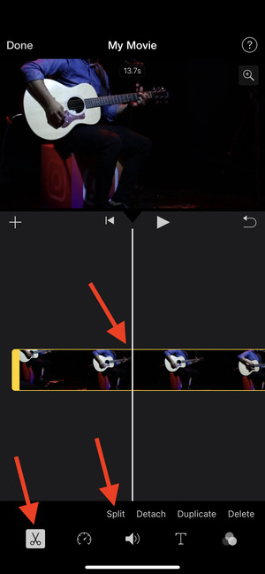 Коснитесь значка «Ножницы», «Разделить», чтобы обрезать видео в iMovie на iPhone.