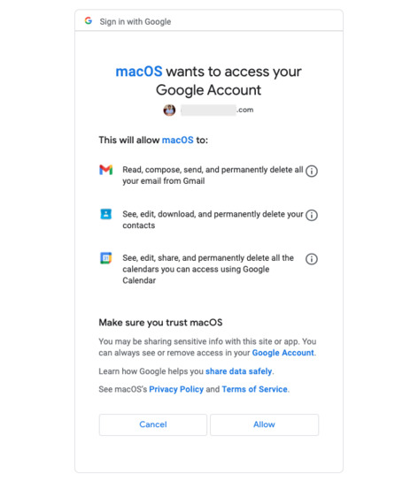 Разрешите macOS доступ к вашей учетной записи Google на Mac