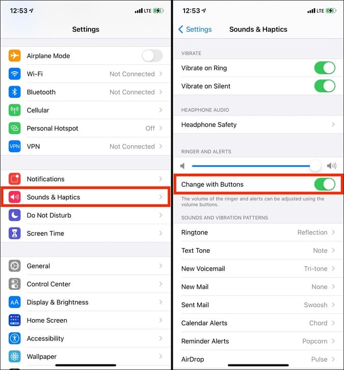 Изменение с помощью кнопок в настройках звука и тактильных ощущений на iPhone