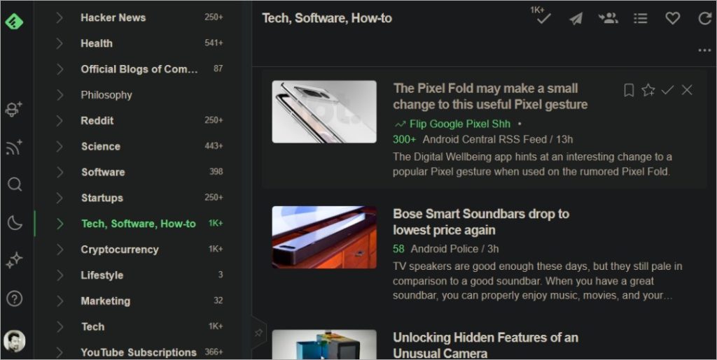 Feedly панель управления в браузере