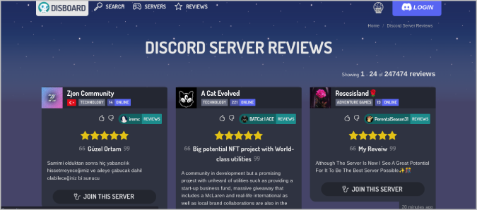 Веб-сайт Disboard, на котором показаны серверы и их обзоры