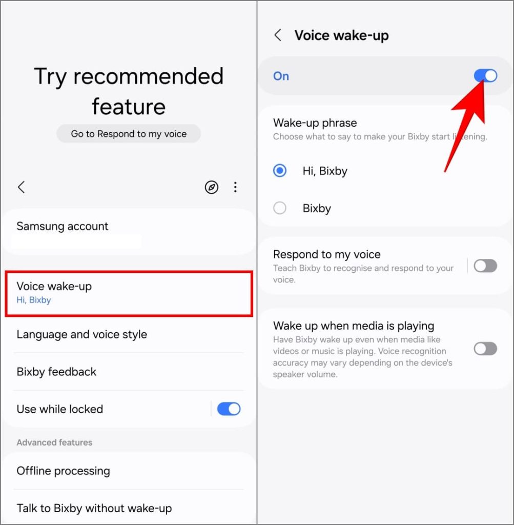 Настройки голосового пробуждения Bixby на телефоне Samsung Galaxy под управлением One UI 6.1