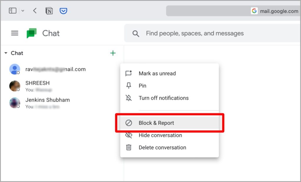Блокировать и сообщать о веб-чате Google Chat
