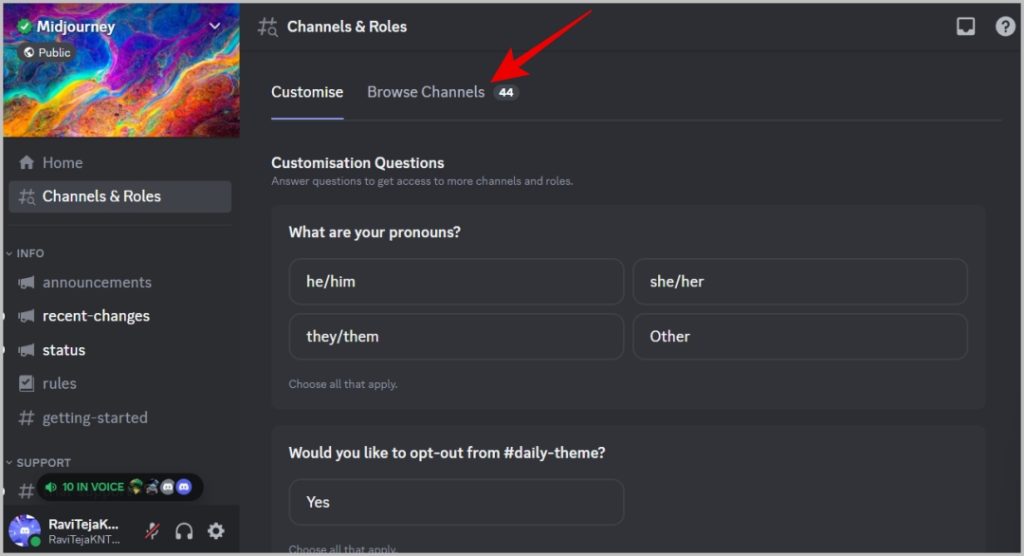 Просмотр каналов на сервере Discord