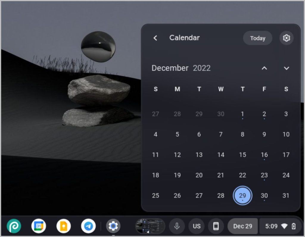 Виджет календаря открывается с помощью сочетания клавиш в ChromeOS