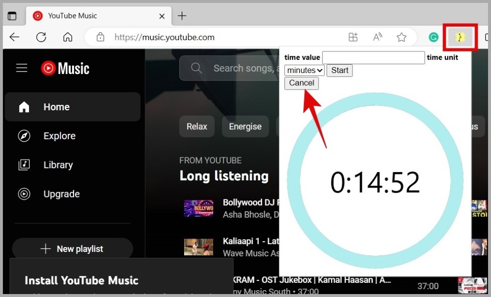 Отменить таймер сна в веб-версии YouTube Music