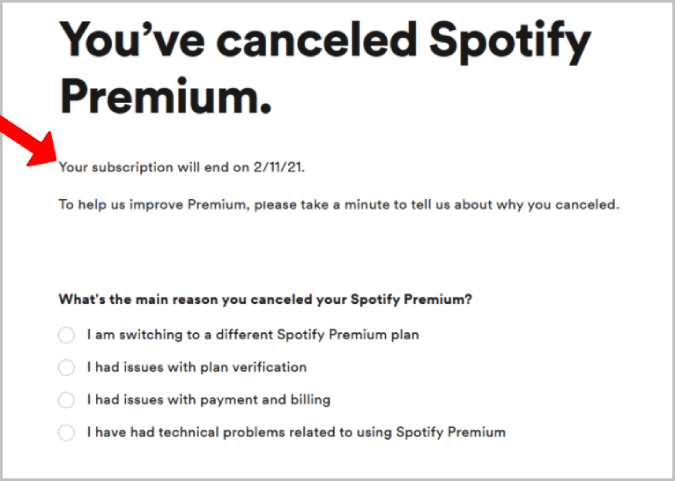 Сообщение об отмене Spotify Premium