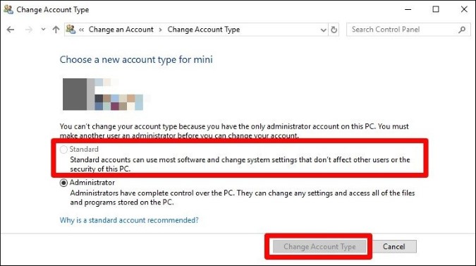 изменить тип учетной записи в Windows 10