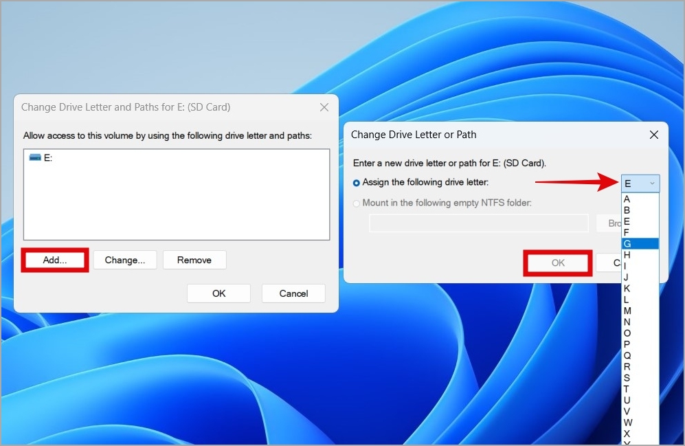 Изменить букву диска SD-карты в Windows