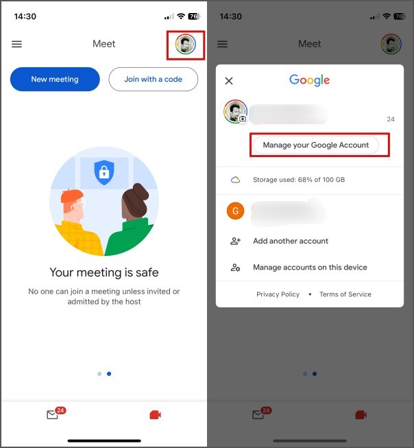 Откройте профиль Google в приложении Meet.