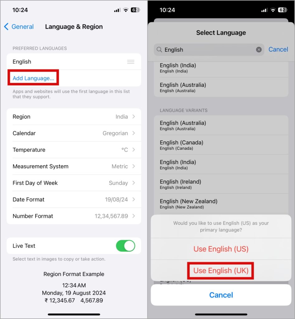 Изменить языковые настройки на iPhone