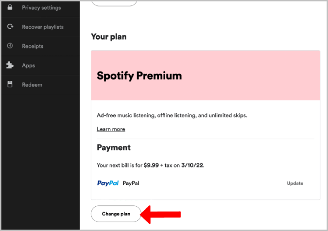 Изменение плана Spotify