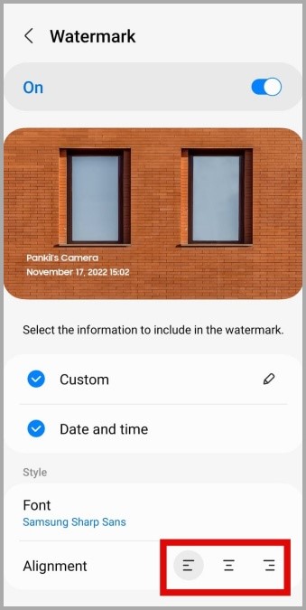 Изменить выравнивание водяных знаков в приложении Samsung Camera