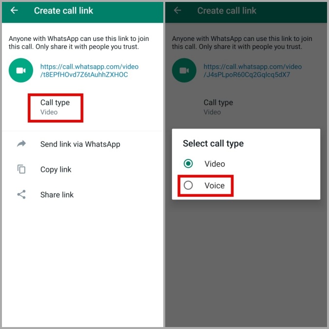 Изменить тип вызова WhatsApp для обмена ссылками на Android