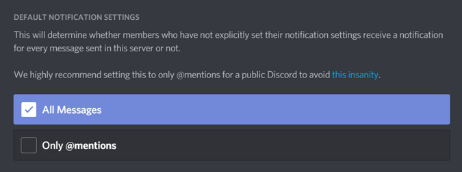 изменение настроек уведомлений на сервере Discord