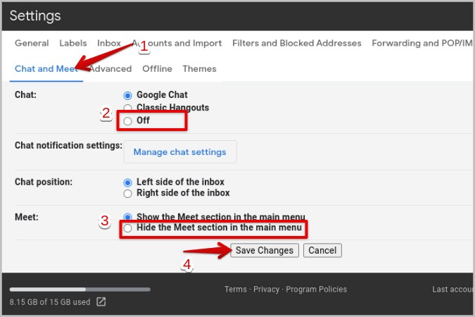 отключение чата Google и Google Meet в Gmail