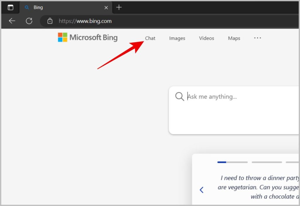 Открытие чата Bing в поиске Bing