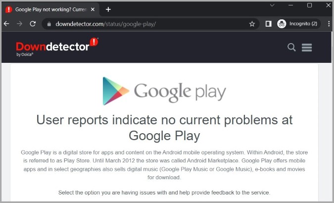 Проверьте статус сервера Play Store на Downdetector