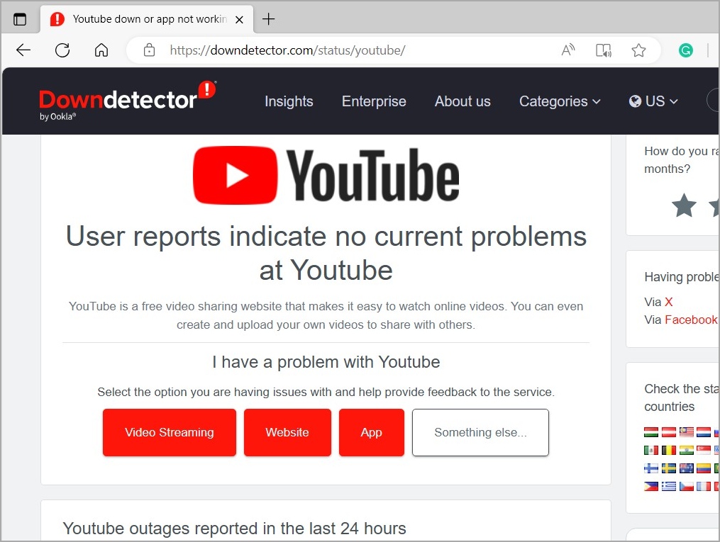 Проверьте статус сервера YouTube на Downdetector