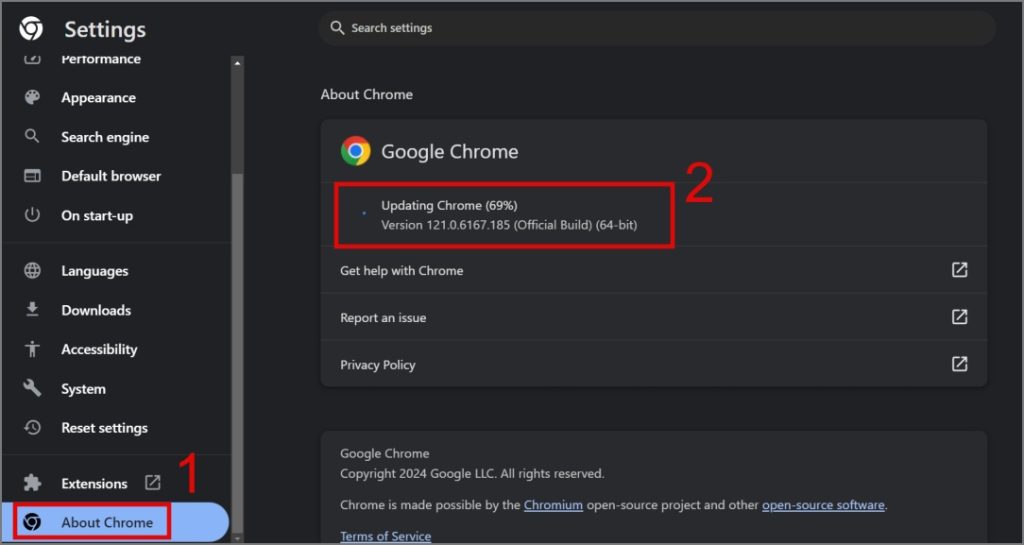 Проверьте наличие обновлений Chrome