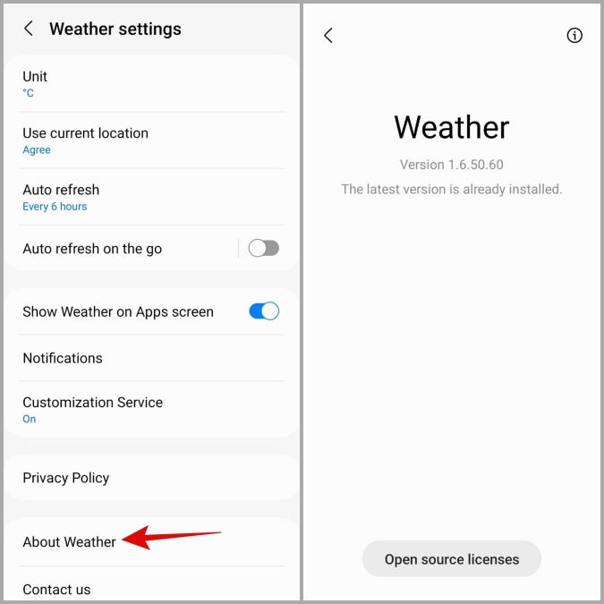 Проверьте наличие обновлений приложения Samsung Weather