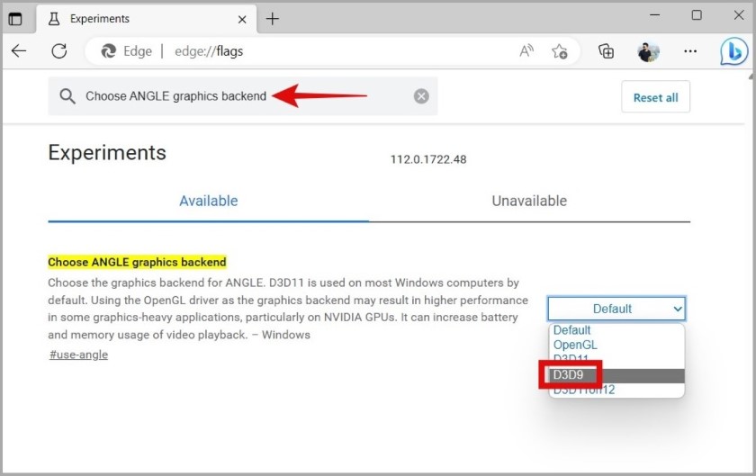 Выберите ANGLE Graphics в Microsoft Edge.