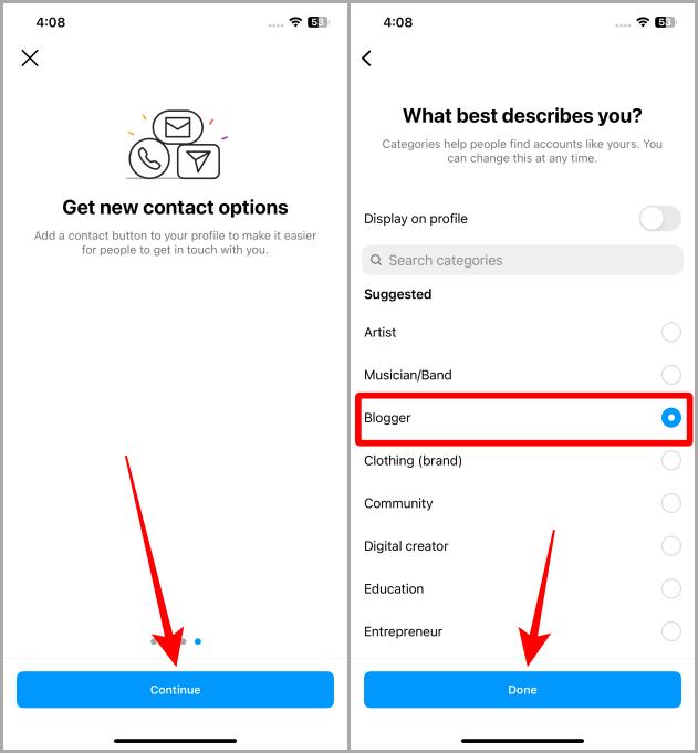 Выбор профессии для Бизнеса или Аккаунта Креатора в Инстаграм на iOS