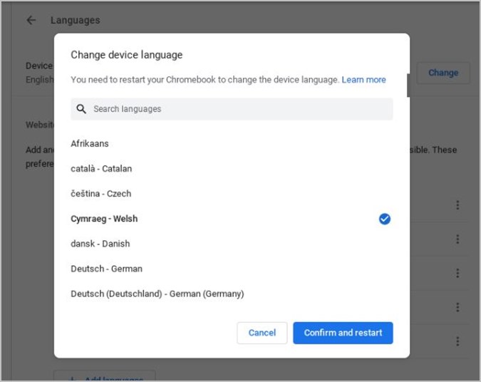 Язык устройства Chromebook Добавить