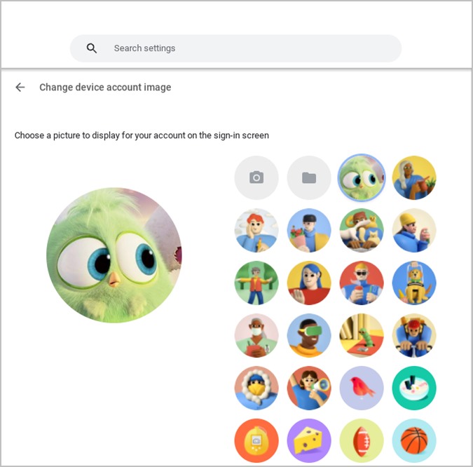 Выбор изображения профиля Chromebook
