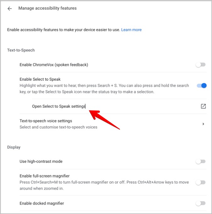 Настройки Chromebook Select to Speak
