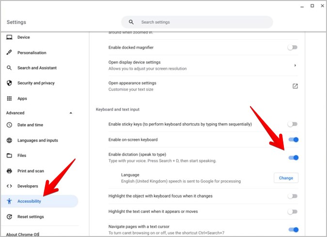 Chromebook отключить голосовую диктовку