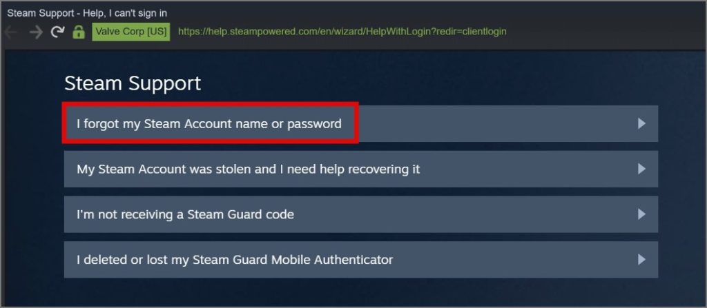 Нажмите Я забыл имя или пароль своей учетной записи Steam.