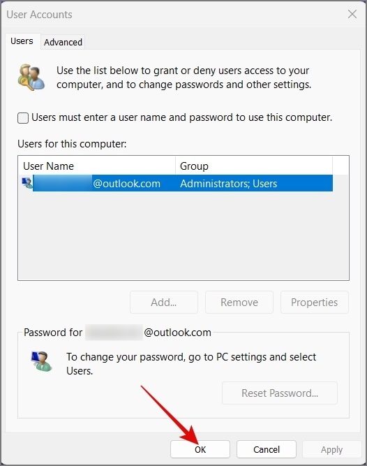Нажмите кнопку «ОК», чтобы отключить пароль для входа во время запуска Windows.