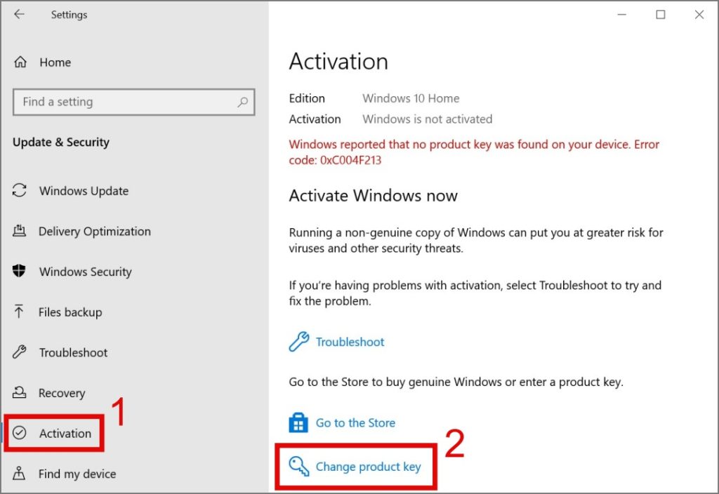 Нажмите «Изменить ключ продукта Windows 10».
