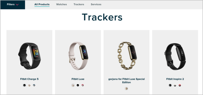 Страница продуктов Fitbit На веб-сайте Fitbit