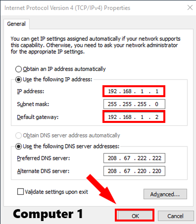 Опция Computer1_StaticIP в настройках компьютера с Windows