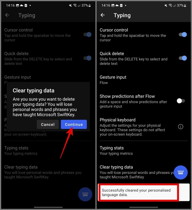 Подтвердите удаление данных ввода на клавиатуре SwiftKey Android