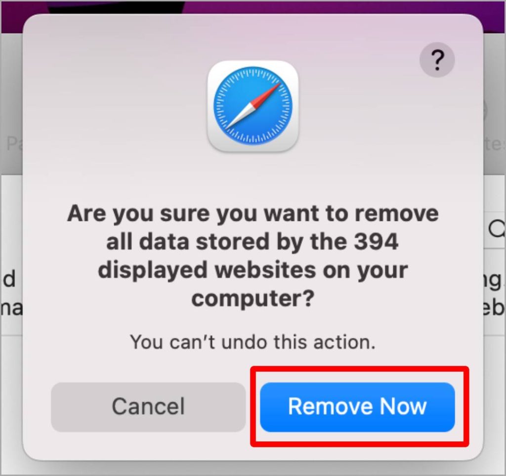 Подтвердите удаление данных Safari на Mac