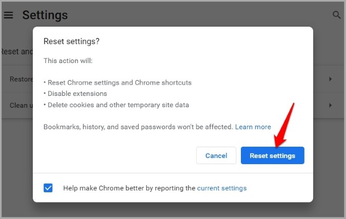 Подтвердите сброс настроек Chrome.