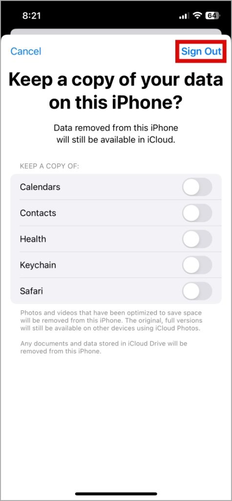 Подтвердите выход из iCloud на iPhone