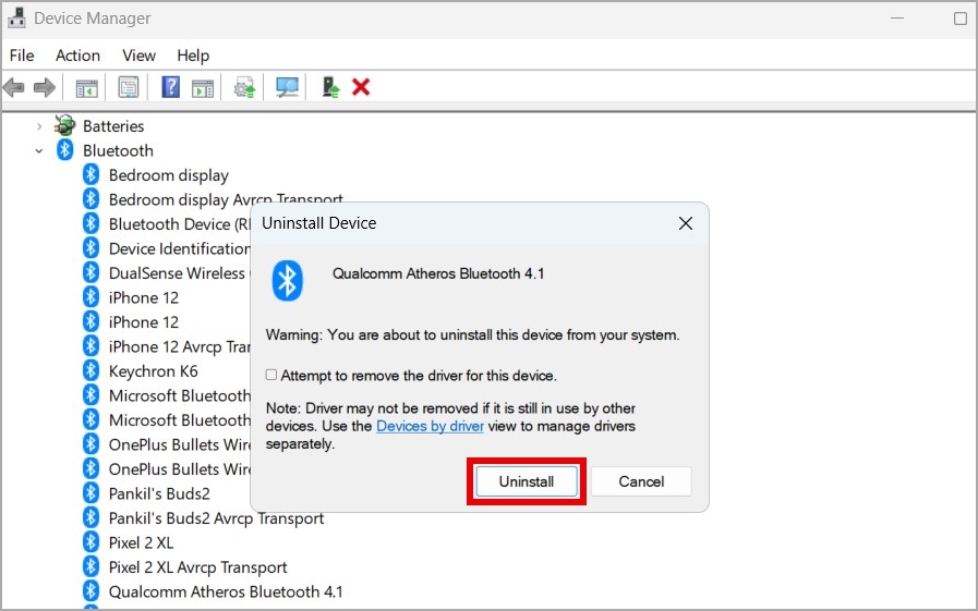 Подтвердите удаление драйвера Bluetooth в Windows 11.