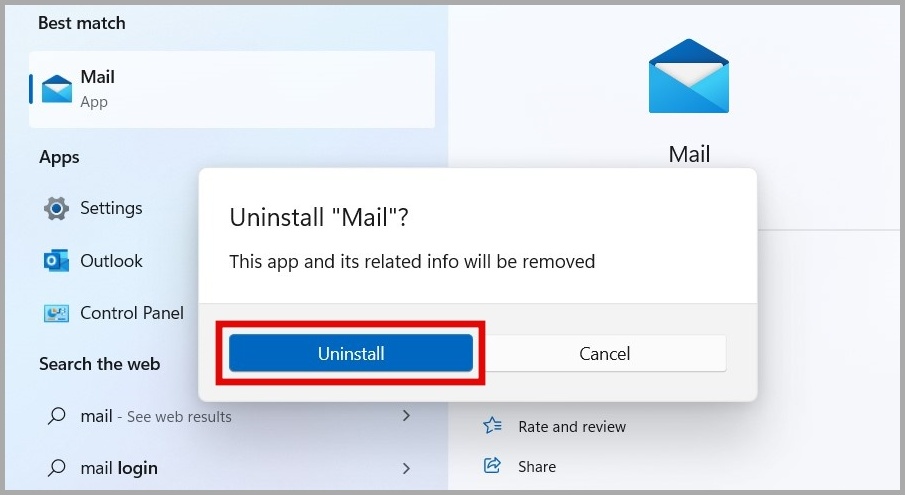 Подтвердите удаление почтового приложения с ПК с Windows 11