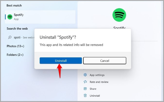 Подтвердите удаление Spotify из Windows