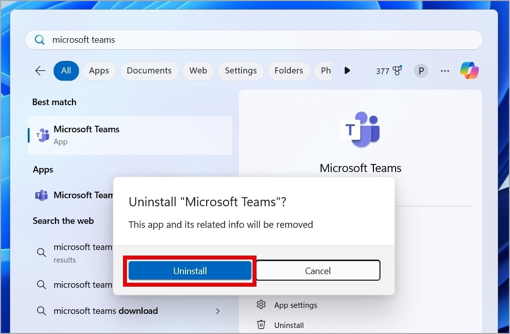 Подтвердите удаление приложения Teams в Windows.