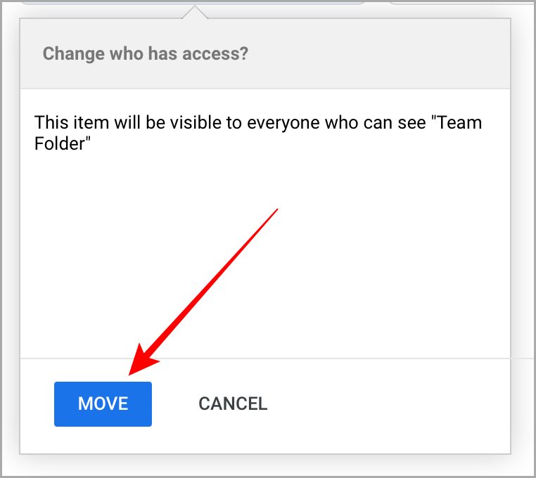 Подтверждение перемещения документа Google в общую папку в Интернете