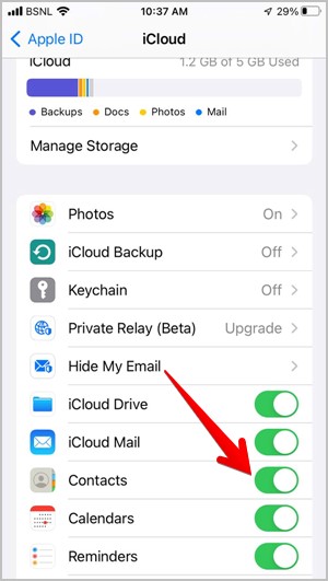 Контакты iCloud Включить iPhone