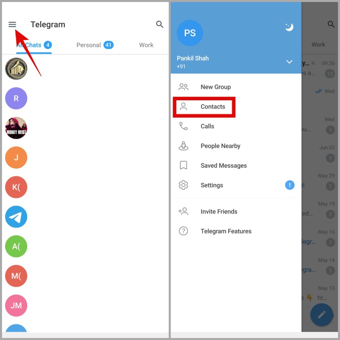 Контакты в Telegram для Android