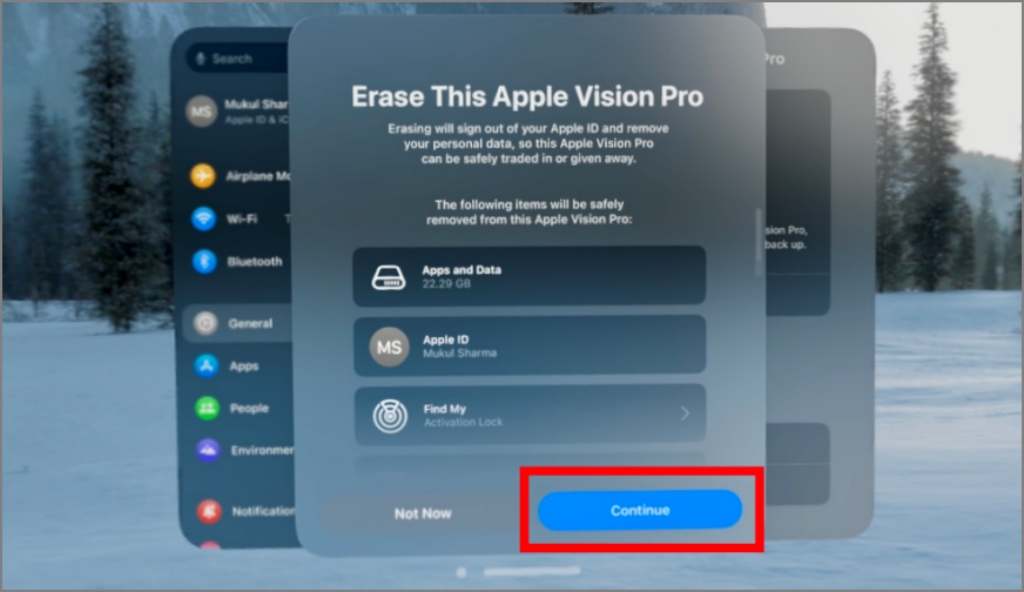 Продолжить сброс Apple Vision Pro